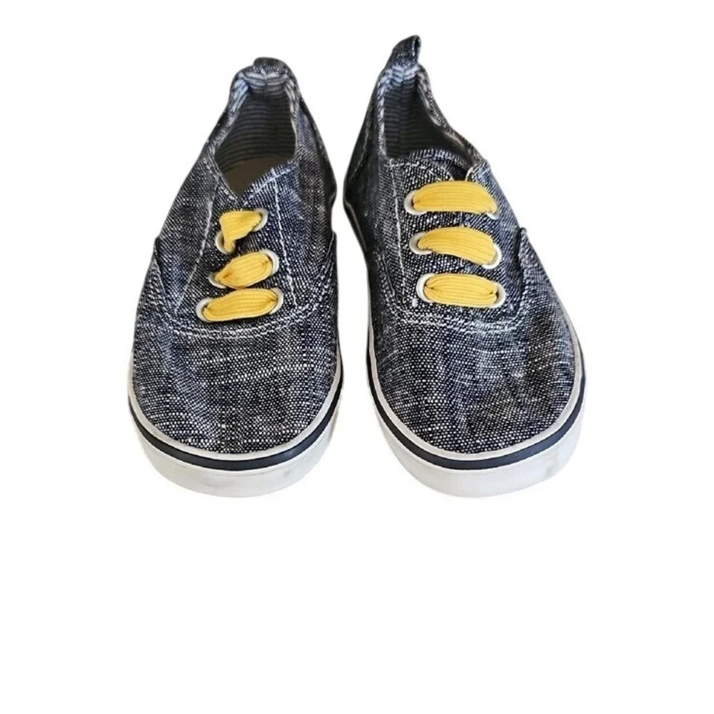 Old Navy Kids Dark Chambray Low Top Sneakers Yellow Elastic Laces Size 9 3T/3A